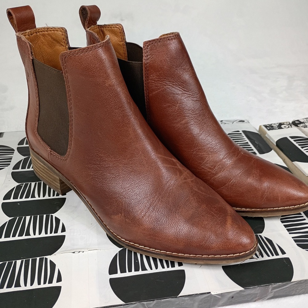 Lucky Brand Basel Brown Leather Chelsea Ankle Boots Women Point Toe Stacked Heel